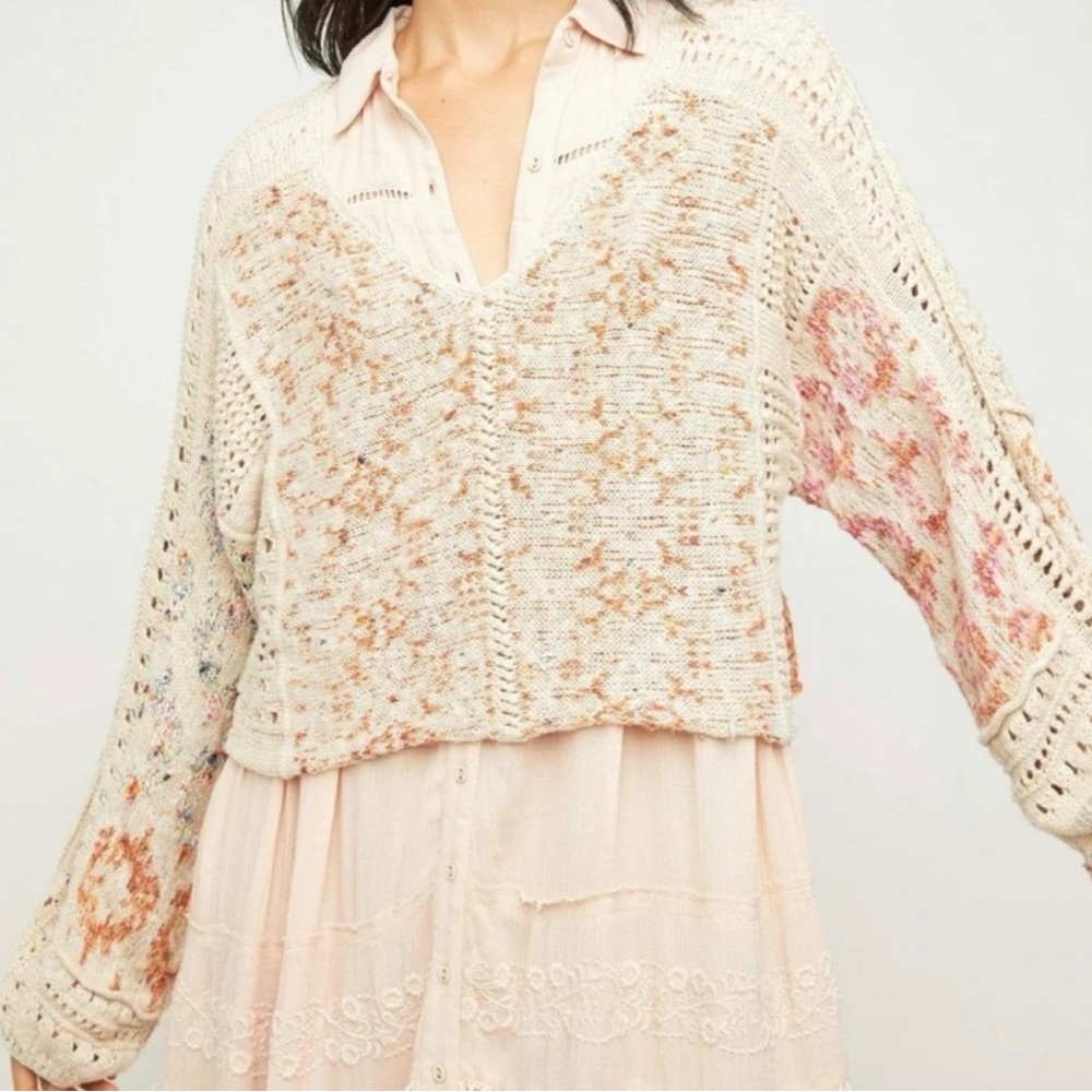 Free People V-Neck Cropped Linen Blend RainSong Off-Shoulder Cropped Sweater NWT - Picture 8 of 11